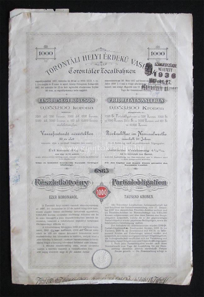 Torontáli Helyi Érdekû Vasutak kötvény 1000 korona 1898 (SRB)